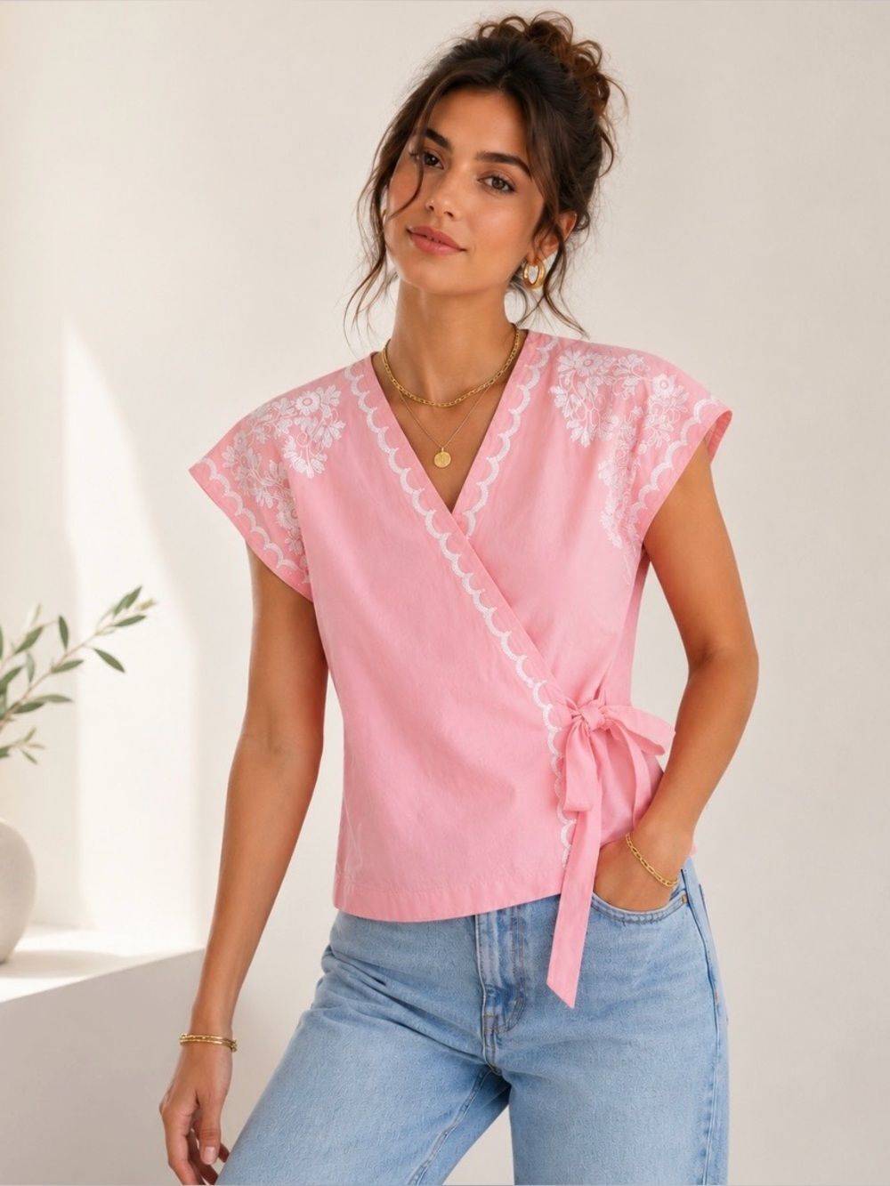 Madewell Embroidered Wrap Blouse Top Size XS in Pink